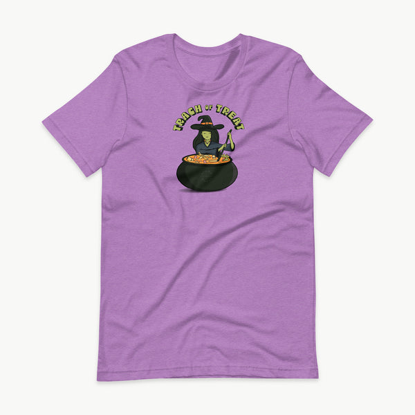 Trach or Treat Witch adult t-shirt in Heather Team Purple, front view