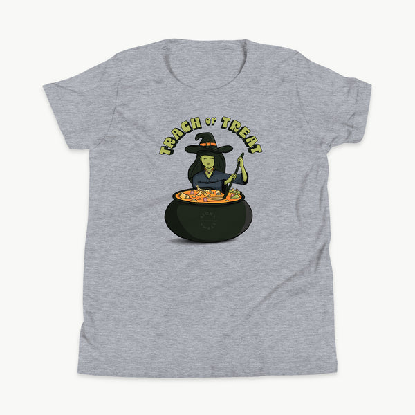 Trach or Treat Witch youth t-shirt in Athletic Heather, front view