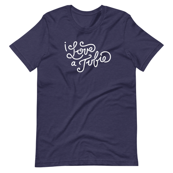 heather midnight navy blue adult unisex t-shirt with white script on the front that says "I Love a Tubie" for the g-tube or gastronomy tube life.