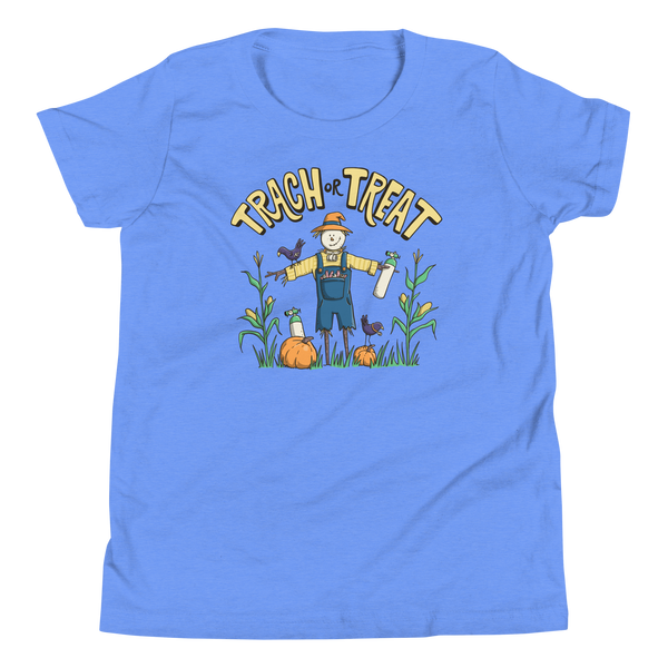 Trach or Treat Scarecrow youth t-shirt in Heather Columbia Blue, front view