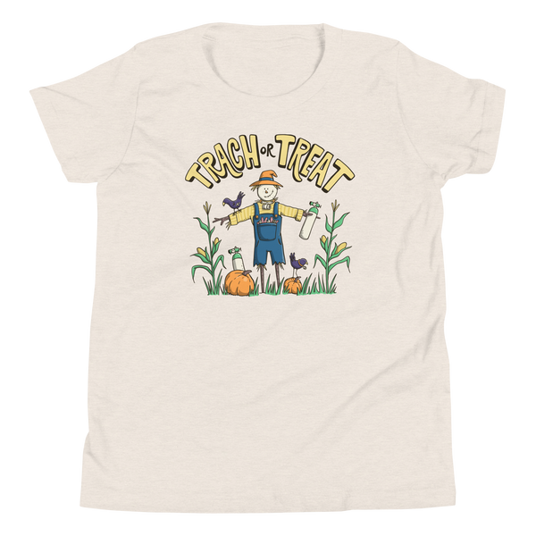 Trach or Treat Scarecrow youth t-shirt in Heather Dust, front view