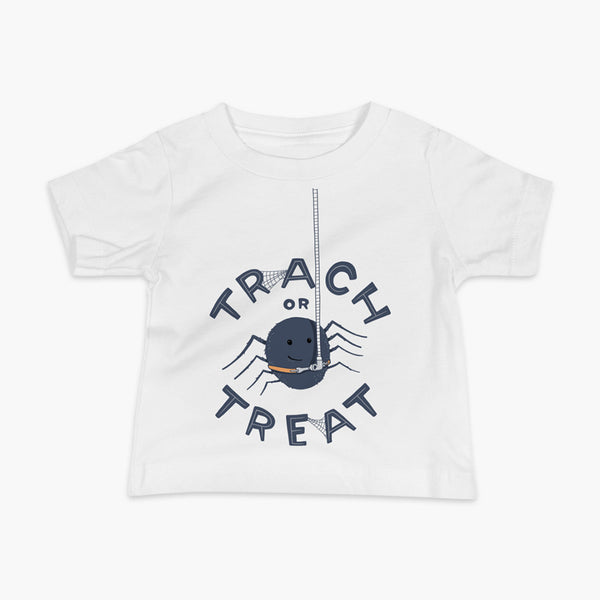 A halloween spider with a trach or tracheostomy is hanging from his vent tubing with Trach or Treat for StomaStoma on a white infant t-shirt
