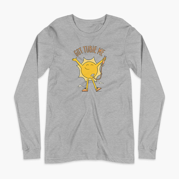 A happy sun stands confidently in tennis shoes holding a g-tube or a gastronomy tube with a stoma for StomaStoma with the text Got Tubie Me above him on an adult athletic heather grey long sleeve t-shirt 