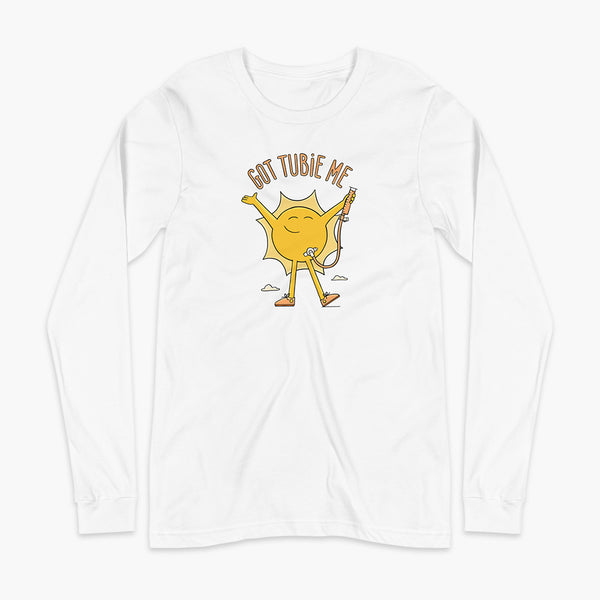 A happy sun stands confidently in tennis shoes holding a g-tube or a gastronomy tube with a stoma for StomaStoma with the text Got Tubie Me above him on an adult white long sleeve t-shirt 