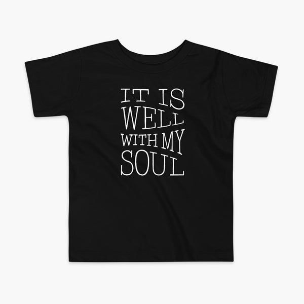 The lyrics from a hymn penned by Horatio Spafford written in a waves river like design on a black kids t-shirt