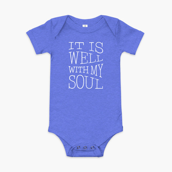 The lyrics from a hymn penned by Horatio Spafford written in a waves river like design on a heather blue infant onesie