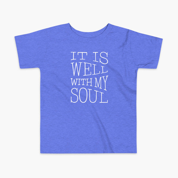 The lyrics from a hymn penned by Horatio Spafford written in a waves river like design on a heather blue kids t-shirt