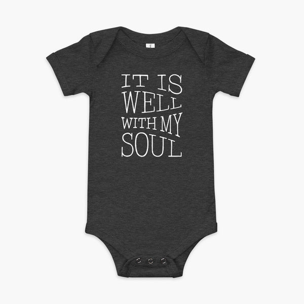 The lyrics from a hymn penned by Horatio Spafford written in a waves river like design on a dark grey heather infant onesie