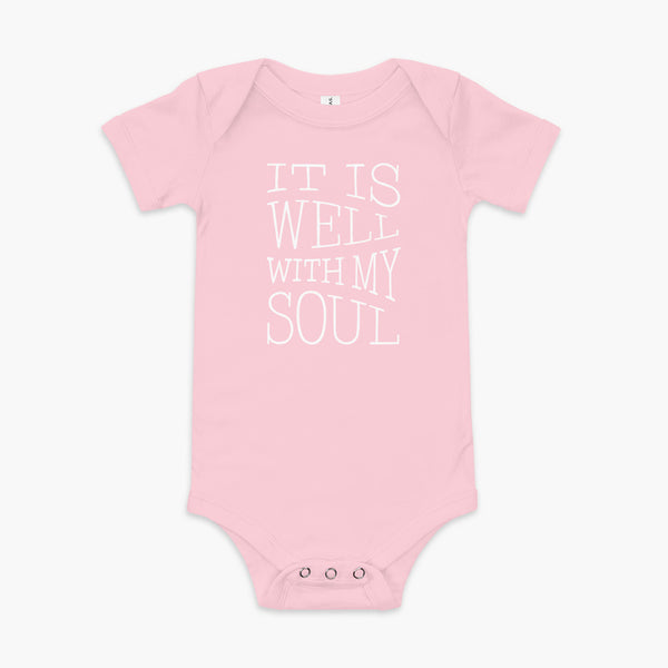 The lyrics from a hymn penned by Horatio Spafford written in a waves river like design on a pink infant onesie