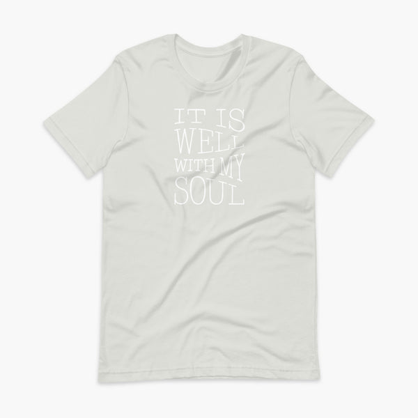 The lyrics from a hymn penned by Horatio Spafford written in a waves river like design on a silver adult t-shirt