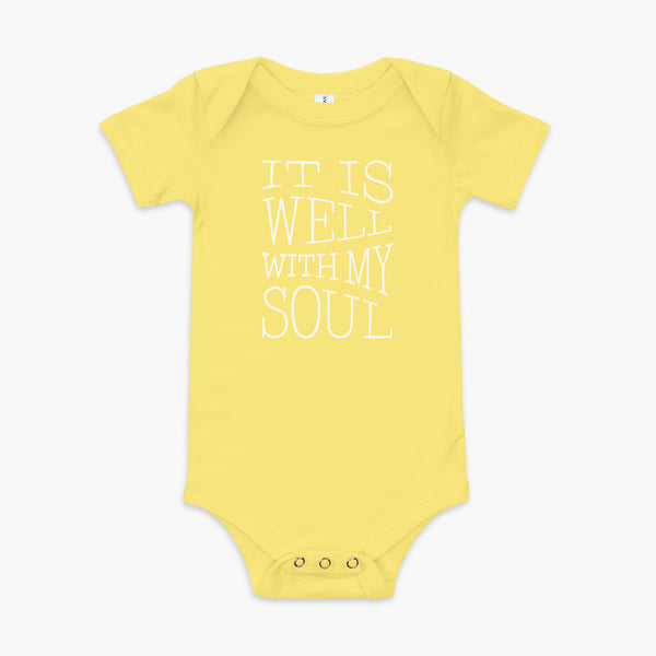 The lyrics from a hymn penned by Horatio Spafford written in a waves river like design on a yellow infant onesie
