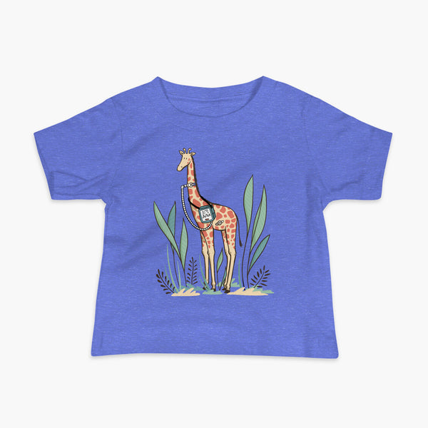 A giraffe with a trach or tracheostomy and a ventilator and g-tube mic-key button standing in a shrubbery with a stoma on a columbia heather blue infant t-shirt