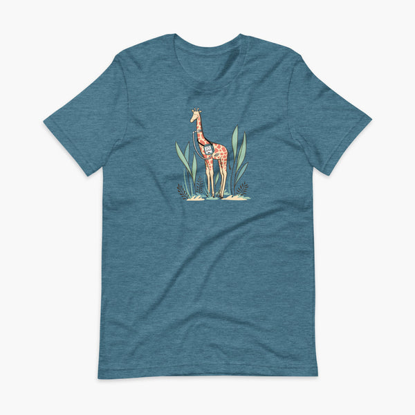 A giraffe with a trach or tracheostomy and a ventilator and g-tube mic-key button standing in a shrubbery with a stoma on a heather deep teal adult t-shirt