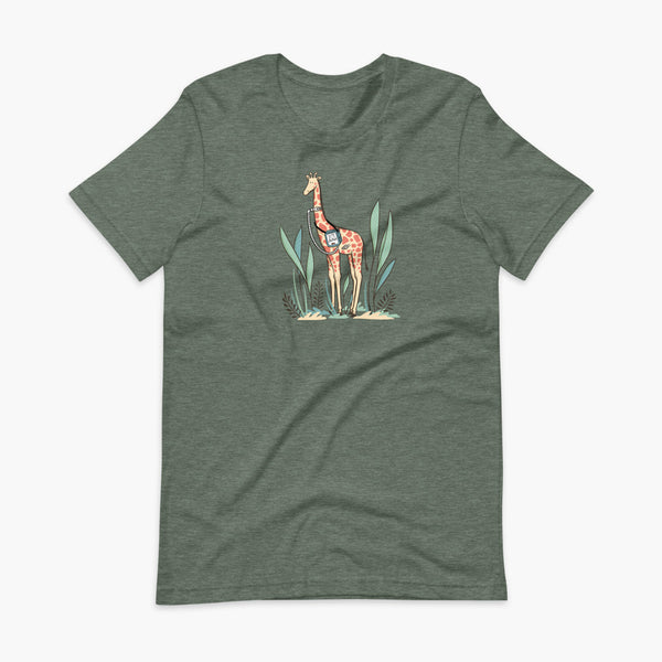 A giraffe with a trach or tracheostomy and a ventilator and g-tube mic-key button standing in a shrubbery with a stoma on a heather forest adult t-shirt