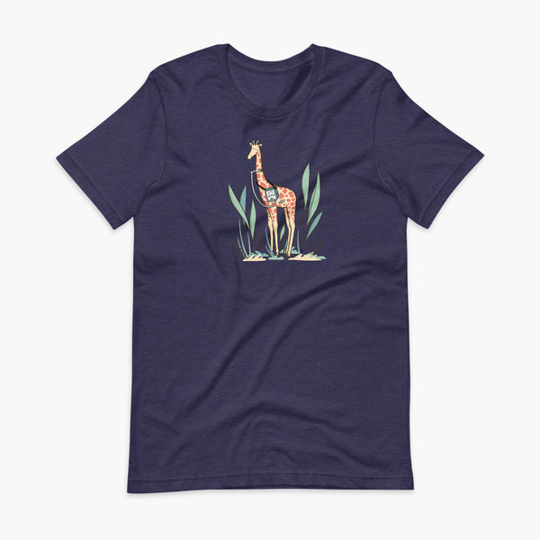A giraffe with a trach or tracheostomy and a ventilator and g-tube mic-key button standing in a shrubbery with a stoma on a heather midnight navy adult t-shirt