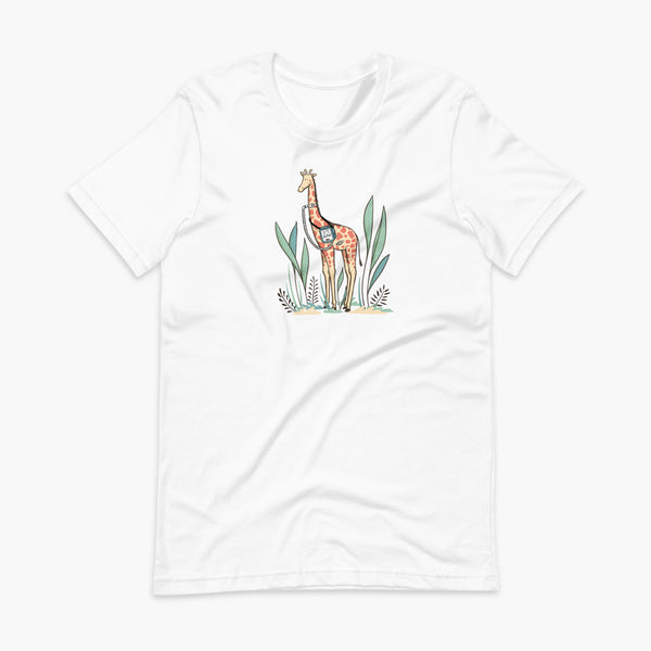 A giraffe with a trach or tracheostomy and a ventilator and g-tube mic-key button standing in a shrubbery with a stoma on a white adult t-shirt