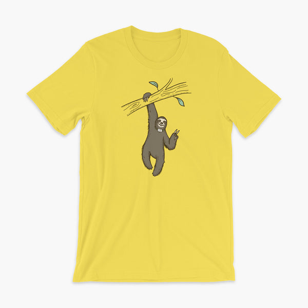 A lazy sloth just hangs from a tree flashing a peace sign with a trach or tracheostomy and an HME for humidification on a yellow adult t-shirt