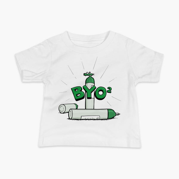 Three oxygen tanks e-tanks, one has a regulator an there is the text BYO2 over the top on a white infant t-shirt