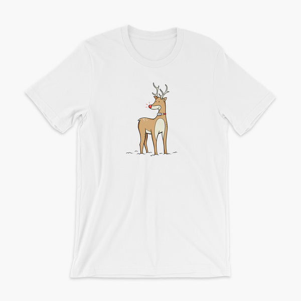 A Christmas reindeer standing in the snow with a tracheostomy or trach and a bright shiny red nose. It has an HME on a StomaStoma white adult t-shirt.