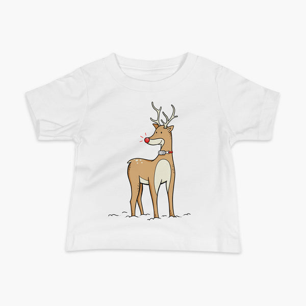 A Christmas reindeer standing in the snow with a tracheostomy or trach and a bright shiny red nose. It has a HMEon a StomaStoma white adult t-shirt.