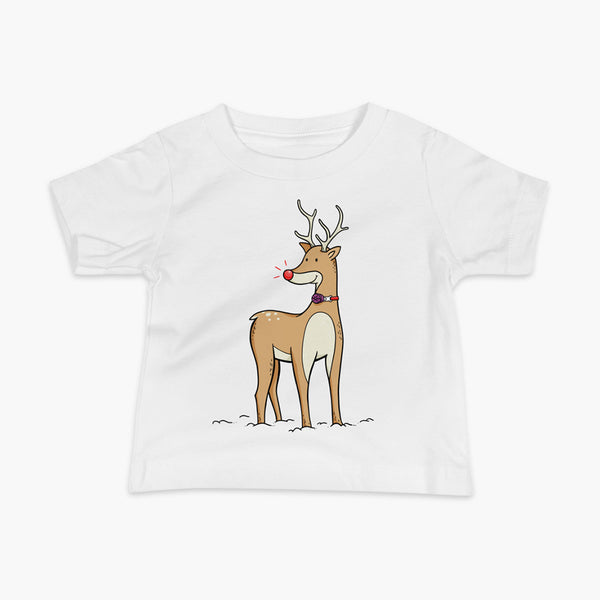A Christmas reindeer standing in the snow with a tracheostomy or trach and a bright shiny red nose. It has a PMV on a StomaStoma white adult t-shirt.