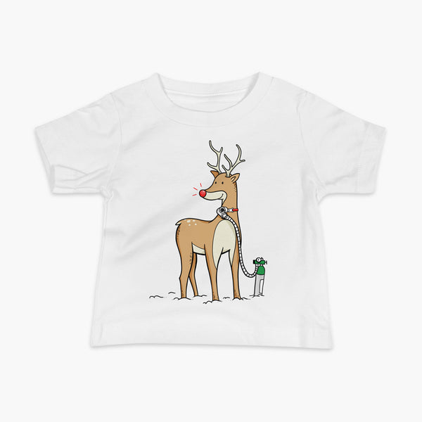 A Christmas reindeer standing in the snow with a tracheostomy or trach and a bright shiny red nose. It has Oxygen or 02 on a StomaStoma white adult t-shirt.