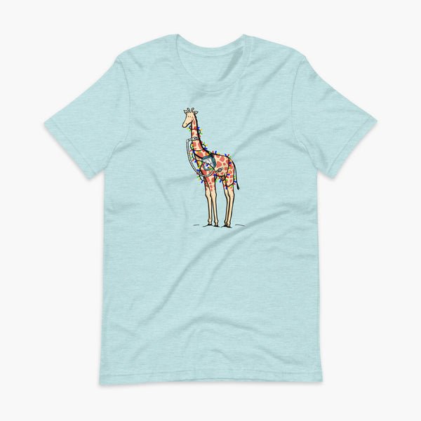 A Christmas giraffe with a trach or tracheostomy and a ventilator and g-tube mic-key button standing in a shrubbery covered in strings of Christmas lights with a stoma on a heather prism ice adult t-shirt