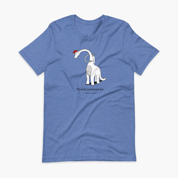 A Christmas dinosaur or trachieosaurus with a trach or tracheostomy and oxygen with a Christmas Santa hat with a stoma on a heather true royal blue adult t-shirt