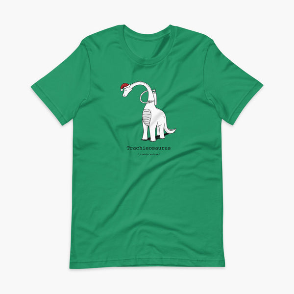 A Christmas dinosaur or trachieosaurus with a trach or tracheostomy and oxygen with a Christmas Santa hat with a stoma on a kelly green adult t-shirt