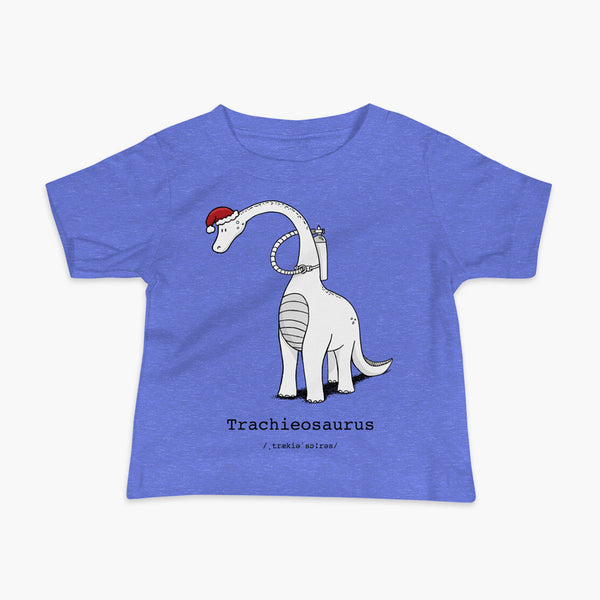A Christmas dinosaur or trachieosaurus with a trach or tracheostomy and oxygen with a Christmas Santa hat with a stoma on a heather blue infant t-shirt