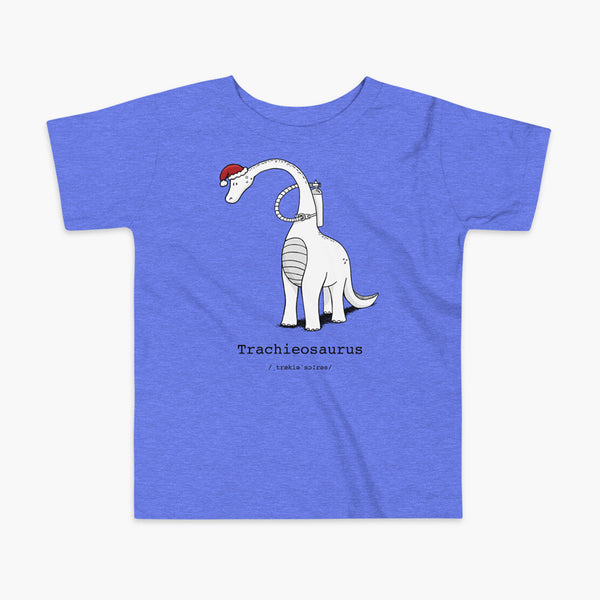 A Christmas dinosaur or trachieosaurus with a trach or tracheostomy and oxygen with a Christmas Santa hat with a stoma on a heather blue kids t-shirt