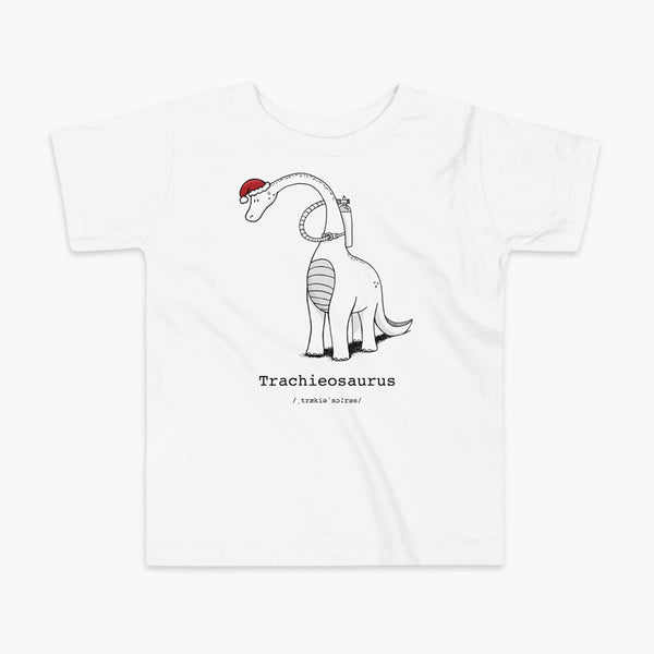 A Christmas dinosaur or trachieosaurus with a trach or tracheostomy and oxygen with a Christmas Santa hat with a stoma on a white kids t-shirt