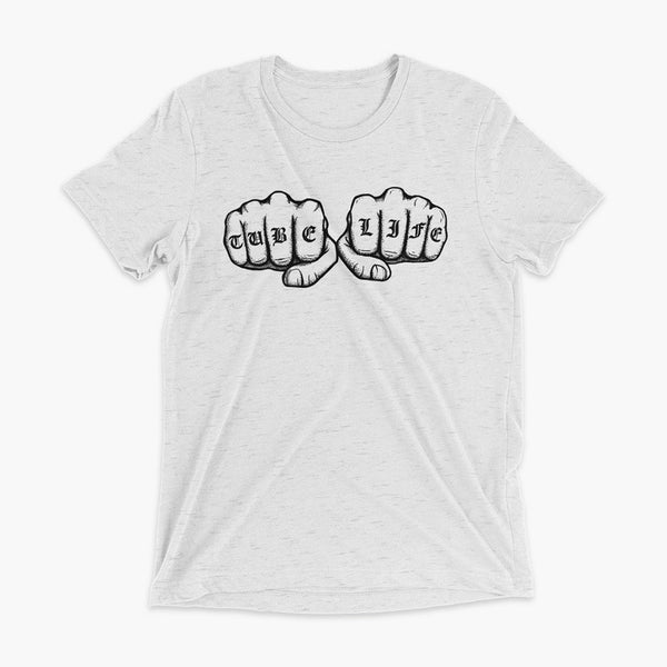 White Fleck tri-blend t-shirt tube life knuckle tattoo - for living the gtube and trach life with StomaStoma
