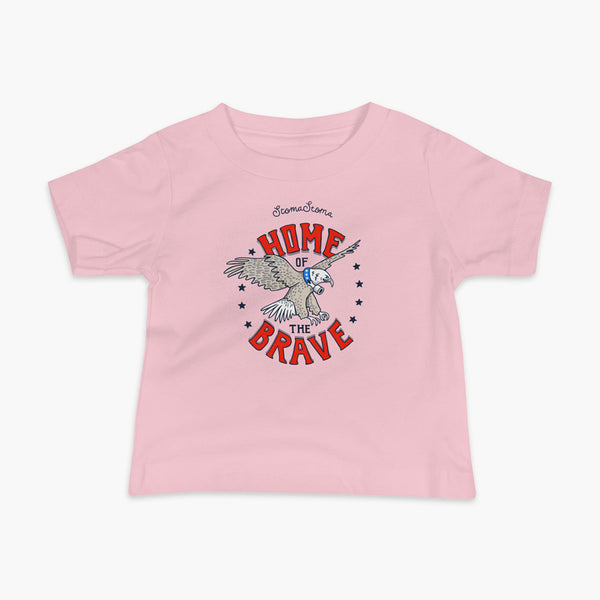 A patriotic American bald eagle with a trach or tracheostomy for the 4th of July and the words StomaStoma Home of the Brave and stars on a pink infant t-shirt