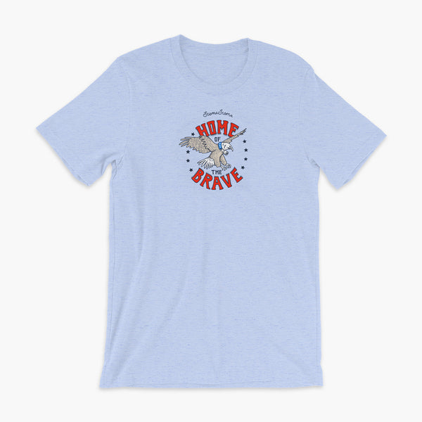 A patriotic American bald eagle with a trach or tracheostomy for the 4th of July and the words StomaStoma Home of the Brave and stars on a heather blue adult t-shirt