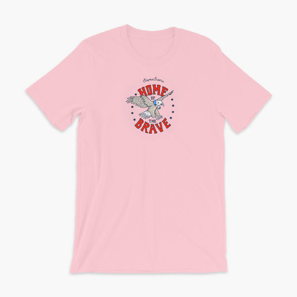 A patriotic American bald eagle with a trach or tracheostomy for the 4th of July and the words StomaStoma Home of the Brave and stars on a pink adult t-shirt