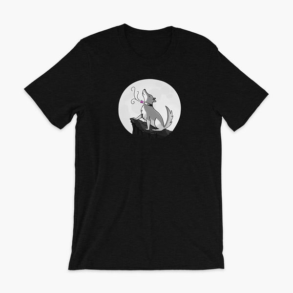 A wolf with a trach or tracheostomy howls at the full moon with his PMV or Passy Muir speak valve on a black adult t-shirt