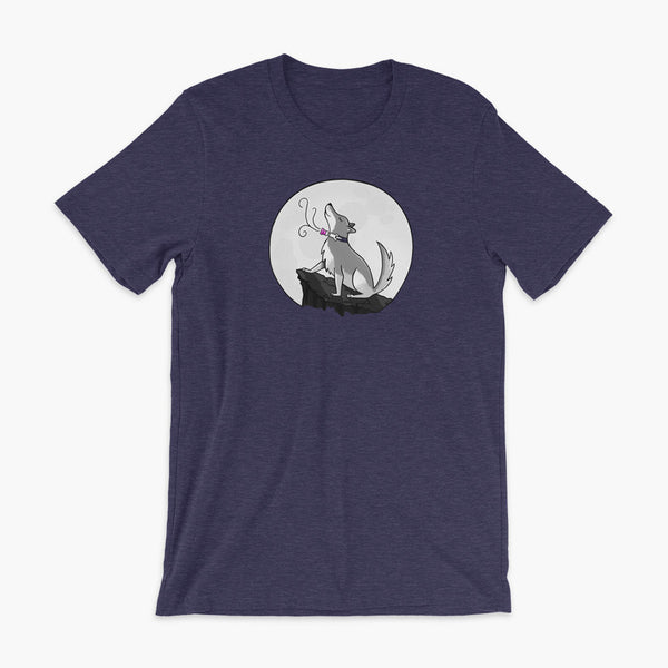 A wolf with a trach or tracheostomy howls at the full moon with his PMV or Passy Muir speak valve on a black adult t-shirt