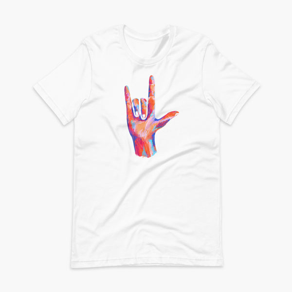 A big colorful hand signing in ASL  I Love You on a white adult t-shirt.