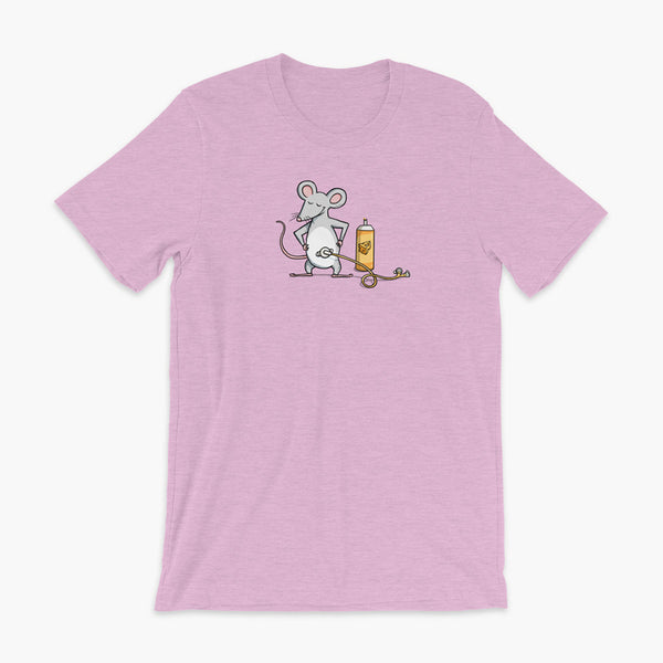 A mouse with a Mic-Key button and a g-tube extension confidently standing in front of a bottle of cheese or whiz with cheese in the g-tube on a heather lilac adult t-shirt