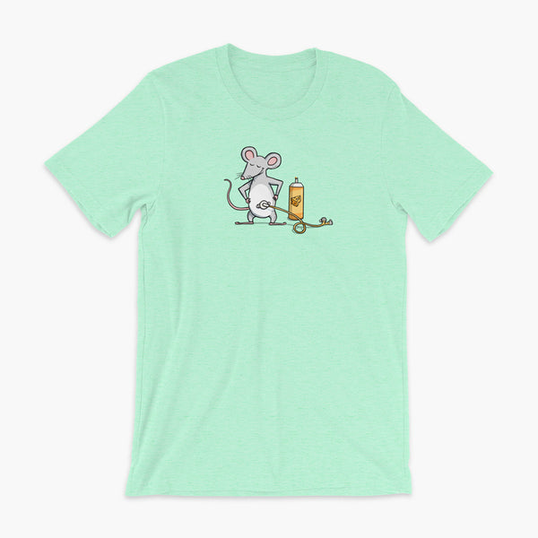 A mouse with a Mic-Key button and a g-tube extension confidently standing in front of a bottle of cheese or whiz with cheese in the g-tube on a heather mint adult t-shirt