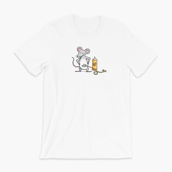 A mouse with a Mic-Key button and a g-tube extension confidently standing in front of a bottle of cheese or whiz with cheese in the g-tube on a white adult t-shirt