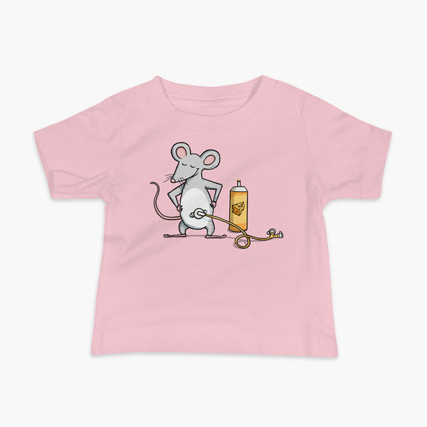 A mouse with a Mic-Key button and a g-tube extension confidently standing in front of a bottle of cheese or whiz with cheese in the g-tube on a pink infant t-shirt