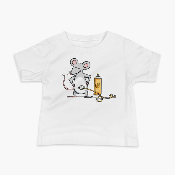 A mouse with a Mic-Key button and a g-tube extension confidently standing in front of a bottle of cheese or whiz with cheese in the g-tube on a white infant t-shirt