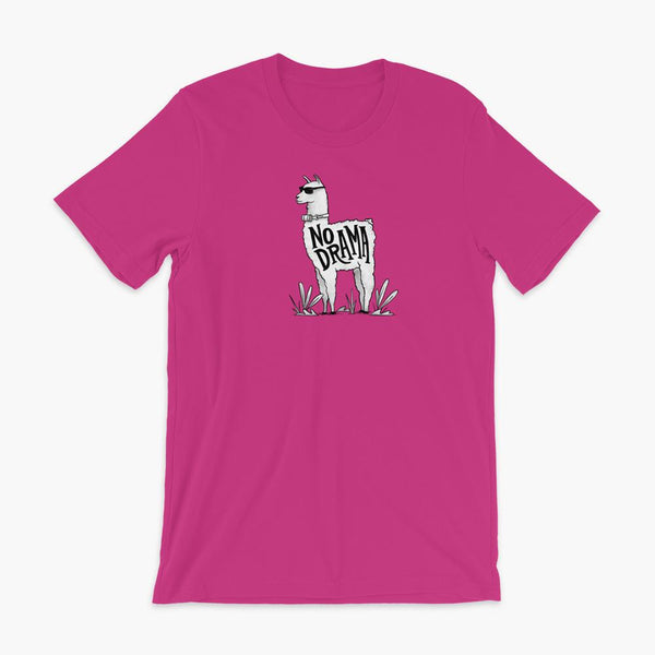 A llama that has a trach or tracheostomy with an HME and the text No Drama written on its side. It is wearing sunglasses and is super chill for the stoma life on a berry adult t-shirt.