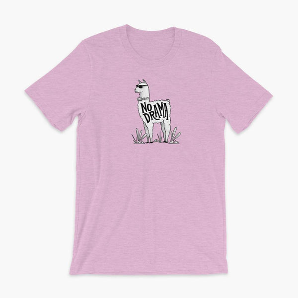 A llama that has a trach or tracheostomy with an HME and the text No Drama written on its side. It is wearing sunglasses and is super chill for the stoma life on a heather prism lilac adult t-shirt.