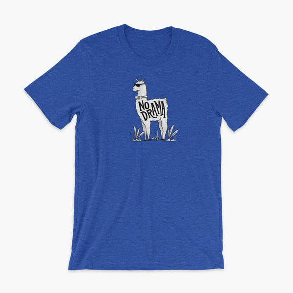 A llama that has a trach or tracheostomy with an HME and the text No Drama written on its side. It is wearing sunglasses and is super chill for the stoma life on a heather true royal adult t-shirt.
