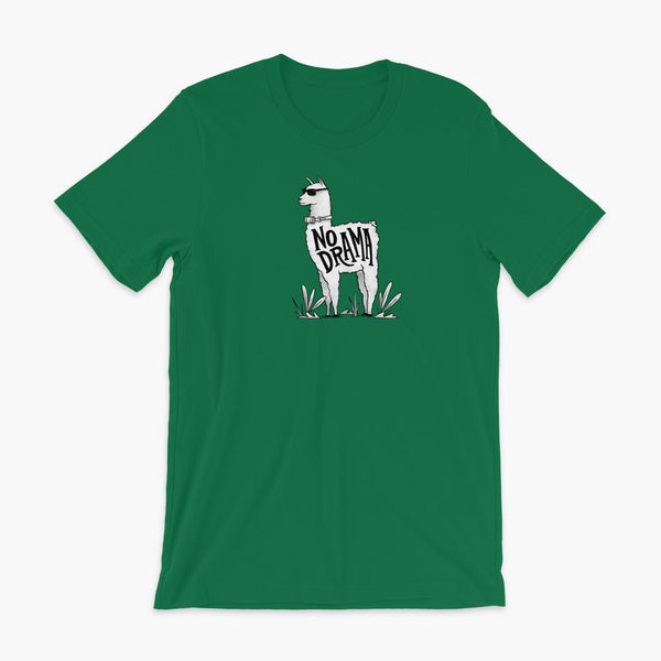 A llama that has a trach or tracheostomy with an HME and the text No Drama written on its side. It is wearing sunglasses and is super chill for the stoma life on a kelly adult t-shirt.