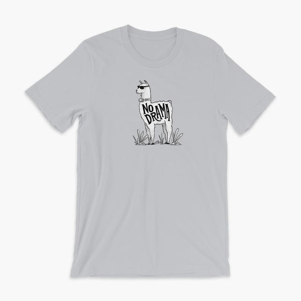A llama that has a trach or tracheostomy with an HME and the text No Drama written on its side. It is wearing sunglasses and is super chill for the stoma life on a silver adult t-shirt.