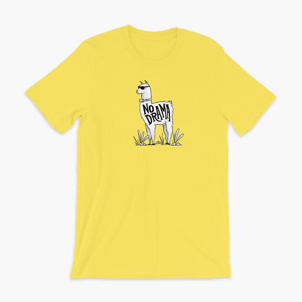 A llama that has a trach or tracheostomy with an HME and the text No Drama written on its side. It is wearing sunglasses and is super chill for the stoma life on a yellow adult t-shirt.